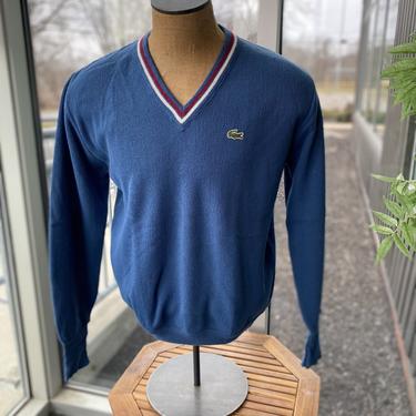 IZOD LACOSTE Vintage 1970s Men's Acrylic V-Neck Pullover Varsity Sweater - Blue - Size Large 