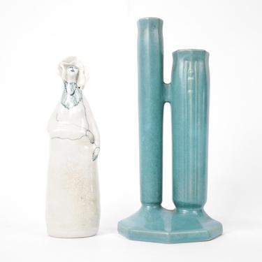 Ceramic Woman Figurine & Roseville 2 Stem Vase