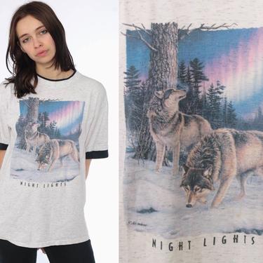 90s Wolf T Shirt -- 1990s Animal TShirt Alaska Tee NIGHT LIGHTS Vintage Retro Graphic Shirt Screen Print 1980s T Shirt Black Medium 