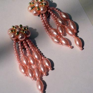 vintage 80s new wave blush pearl earrings long Earring chandelier jewels ott 1980s long beads beaded earring Statement handmade pink clip on 