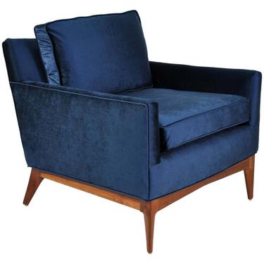 Mid Century Modern Blue Velvet Lounge Chair by Erwin Lambeth Walnut McCobb Style 