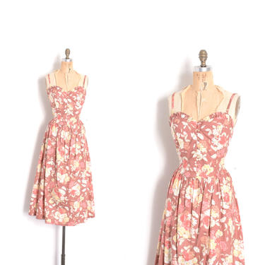 Vintage 1980s Dress / 80s Laura Ashley Floral Print Sundress / Dusky Rose ( L XL ) 