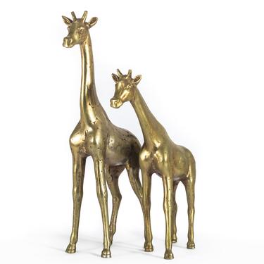 Artisan Hand Hammered Mid Century Giraffe Figures in Solid Brass - A Set of 2, Korea 