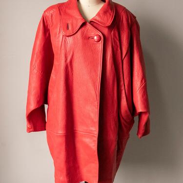 1980s Leather Jacket Batwing Oversized Red XS 