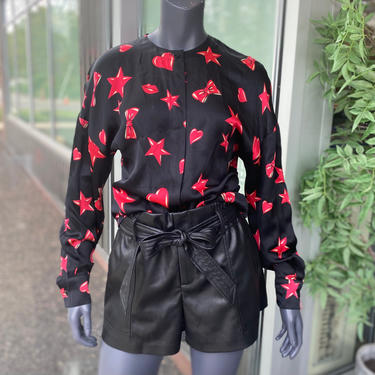 ESCADA MARGARETHA LEY Vintage 1990s 100% Silk Button-Front Long Sleeve Blouse - Black with Red Heart, Star & Bow Print - Size 36 - Medium 
