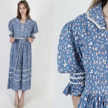 Dutch Farm Print Dress / Vintage 70s Country Folk Dress / Novelty Fabric Corset Long Dress / Blue Cotton Homespun Maxi Dress 