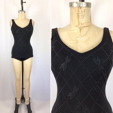 Vintage 60s swimwear | Vintage black one piece swimsuit | 1960s lattice leaf print bathing suit 