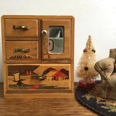 Vintage Inlaid Doll Furniture Asian Dresser, Made In Japan, Asian Scene With Drawers,Doll House Mirrored Cabinet 