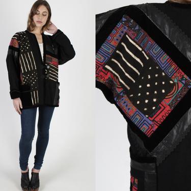 Black Leather Patchwork Jacket / Vintage 80s Ethnic Batik Print Coat / Tribal Southwestern Patches Over Coat / Suede African Style Capelet 