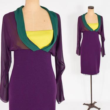 Versace | 1990s Purple & Chartreuse Knit Dress | 90s Purple Knit Sheath Dress | Gianni Versace Couture | US 4 UK 8 Italy 40 