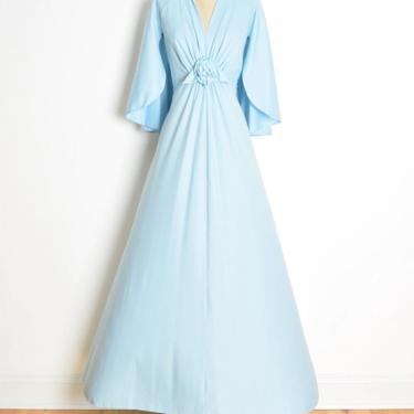 vintage 70s dress Emma Domb blue angel cape caplet long maxi prom party L XL clothing 