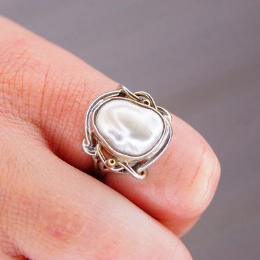 Vintage Petite Sterling Baroque Pearl Ring, Iridescent Textured White Pearl, Interlaced Silver Setting W/ Accent Gold Beads, Size 4 3/4 US 