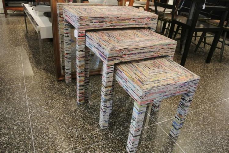 Magazine roll art nesting tables. $60, $55, $45