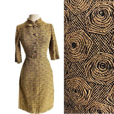 Vintage 50s wiggle skirt suit/ mustard yellow &amp; black abstract flowers/ rose swirls two-piece set/ Laurette Classic by Laura Lee Montreal XS 