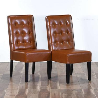 Pair Contemporary Caramel Tufted Back Dining Chairs