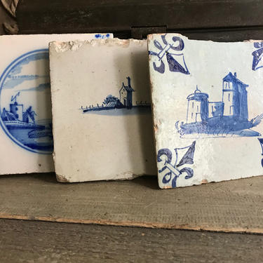 18th C Dutch Delft Tiles, Fleur de lis, Set of 3, Chateau, Nautical, Farmhouse, Handpainted, Blue White 