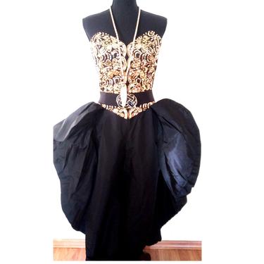 Vintage 80s 90s  JUMPSUIT, vintage sequin jumpsuit, vintage prom dress women's tuxedo, gold sequin dress suit strapless size 11 / 12 m l 