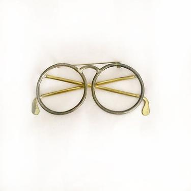 1970's Eyeglasses Vintage Pin Broach Jewelry Brass & Silver Glasses, Hippie, Boho Disco era, 70's Round spectacles 