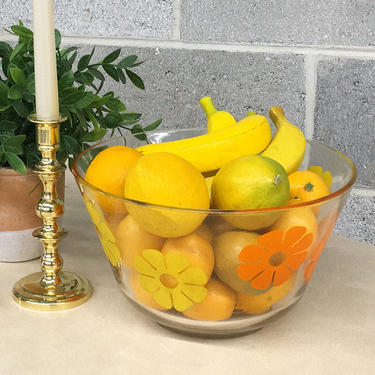 Vintage Bowl Retro 1970s Mid Century Modern + Colony + Flower Power + Mod + Orange and Yellow Flowers + Glass Mixing Bowl + Kitchen Decor 
