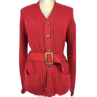 70's Mens Cable Knit Cardigan/Vintage Unisex Kinds Road Wool Sweater/Red Knit Button Up Cardigan Sweater/Cable Knit Button Up Vintage 