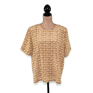 90s Boxy Top Women Large Basket Weave Print Blouse Polyester Loose Fit Shoulder Pads Short Sleeve Shirt with Back Buttons Vintage Clothing 