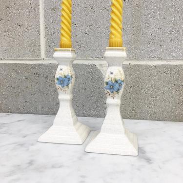 Vintage Candlestick Holders Retro 1970s Mikasa + Ceramic + Set of 2 Matching + 7 Inches Tall + Blue Floral Design + Home and Table Decor 
