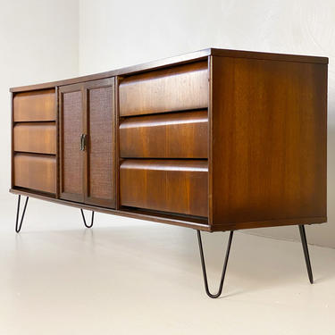 Walnut Triple Dresser on Wrought Iron Hairpin Legs, Circa 1950s - *Please see notes on shipping before you purchase. 