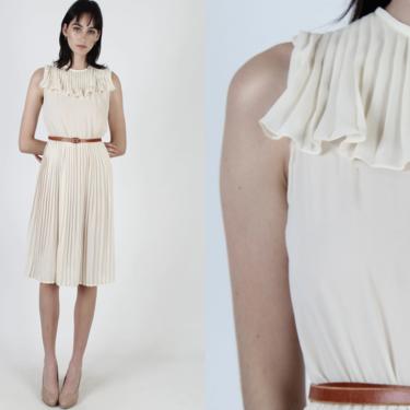 Vintage 80s Simple Ivory Pleated Dress / 1980s Thin Cream Scarf Dress / Sheer Off White Cocktail Day Plain Office Mini Dress 