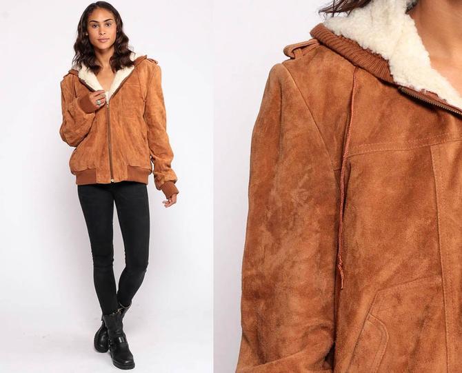 Suede Sherpa Jacket Hooded Coat 80s Brown Leather Hoodie Shearling 