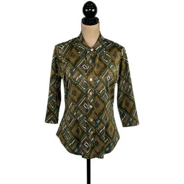 Geometric Print Blouse Medium Metallic Polyester Knit Top Fitted Button Up Disco Shirt Pointed Collar Retro 70s Style Clothes Karen Kane 