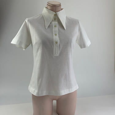 1960'S MOD BLOUSE - White Cotton Jersey - Double Knit - 5 Inch Long Lapels  - Made in Sweden - Size Medium - NOS / Dead-Stock 