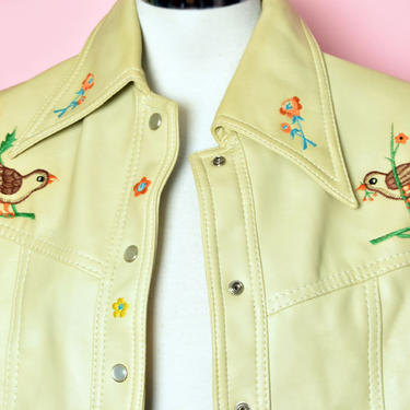 70's Vintage Hippie Jacket Embroidered Birds &amp; Deer, Faux Leather Coat Beige Brown Vinyl Pleather Flower Power Metal Snaps Shirt 1970's Boho 