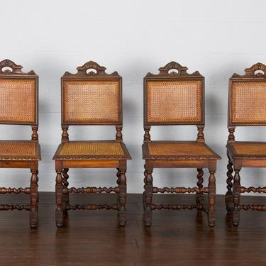 Late 19th Century Set of 4 French Renaissance Revival Louis XIII Oak Carved Dining Chairs 