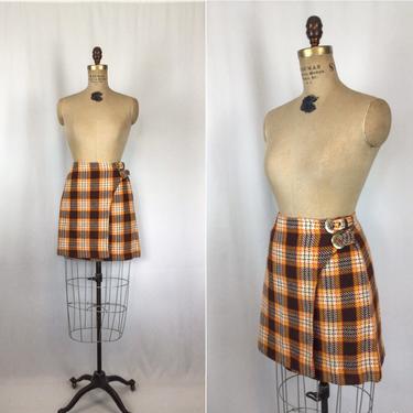 Vintage 60s skirt | Vintage brown orange plaid mini skirt | 1960s wrap around short skirt 