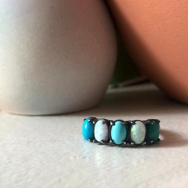 Turquoise Ombre and Opal Ring in Blackened Sterling SIlver 