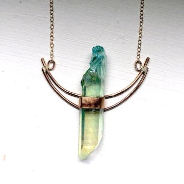 Green and Blue Quartz Crystal Moon Smile Pendant in 14k Gold Fill Handmade Talisman Necklace 