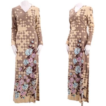 70s PAGANNE print maxi dress / vintage 1970s psychedelic signed print jersey gown sz M As Is 