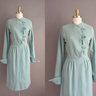 vintage 1940s dress | Robins Egg Blue Long Sleeve Wool Cocktail Party Winter Dress | Medium | 40s vintage dress 