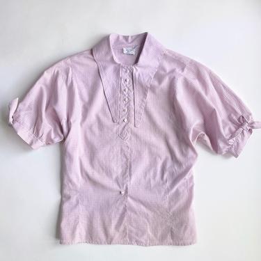 1930s 40s Purple + White Collared Gingham Cotton Blouse Top 