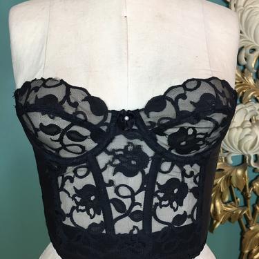1980s bustier, Victorias secret, vintage bra, 32 b, black lace, strapless bra, low back, bralette, underwire, embroidered net lace, pin up 