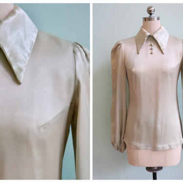Vintage 1970's 30's Inspired Chartreuse Satin Blouse | Size Extra Small/Small 