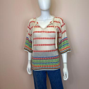 Vtg 70s mesh net multi color trim pull on sweater 