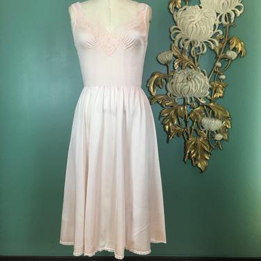 1970s nightgown, blush nylon, vintage slip, olga nightgown, style 1391T, low back, nylon and lace, pale pink nightie, full skirt, lingerie 