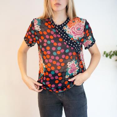 Vintage VIVIENNE TAM Sheer Silk Polka Dot + Floral Cheongsam Style Blouse Y2K Button Front Printed XS S 