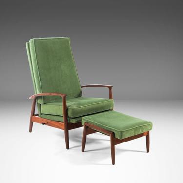 Early Milo Baughman for James Inc. High Back Lounge Chair / Recliner with Ottoman in Original Green Velvet Fabric, c. 1960s 