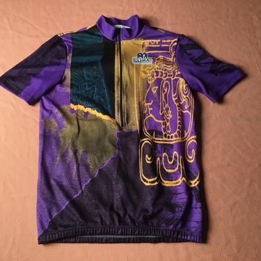 Ultima VELO Cycling JERSEY. Mayan Aztec Hieroglyphic Abstract All Over Print. Purple Nylon Made in ITALY Bianci Colnago Cyclist Racing 