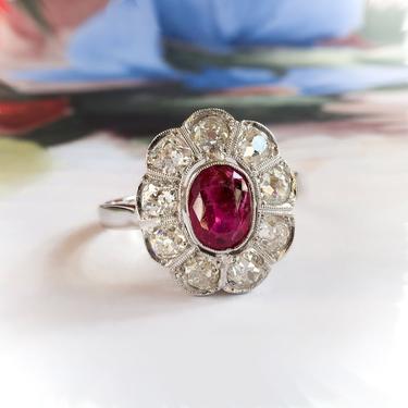 Antique Edwardian 2.15 ct t.w. Natural Ruby Old Mine Cut Diamond Halo Ring 