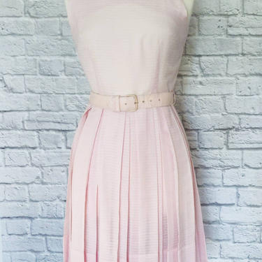 Vintage 50s 60s Pink Sheer Dress // Button-Back A-Line Skirt with Belt 
