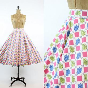 1950s rose print skirt small | vintage full circle skirt 
