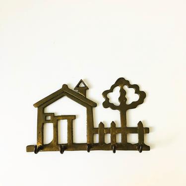 Vintage Brass House and Tree Key Rack 